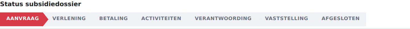 De fasebalk Status subsidiedossier met zeven fasen, van Aanvraag tot Afgesloten.