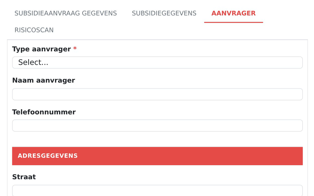 Het formulier Nieuwe subsidie met het veld Type aanvrager.
