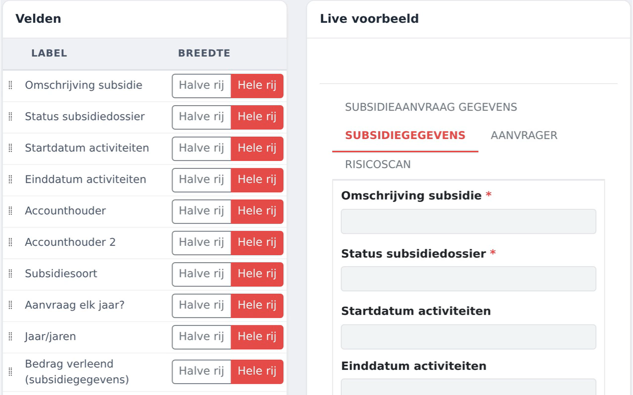 De formulierindeling in het beheerscherm, met de veldenlijst en het live voorbeeld.