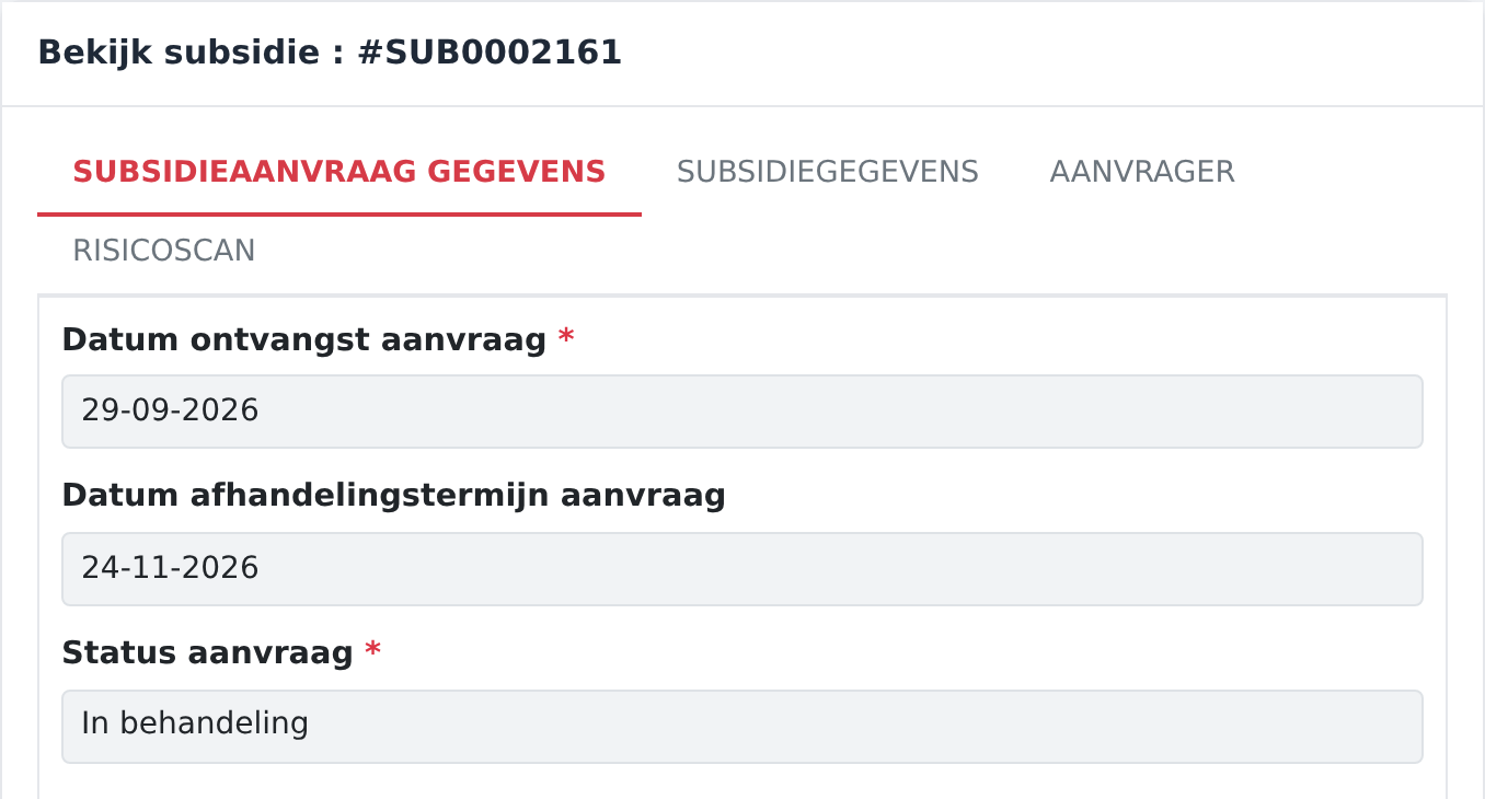 Een subsidiedossier met de vier tabbladen Subsidieaanvraag gegevens, Subsidiegegevens, Aanvrager en Risicoscan.