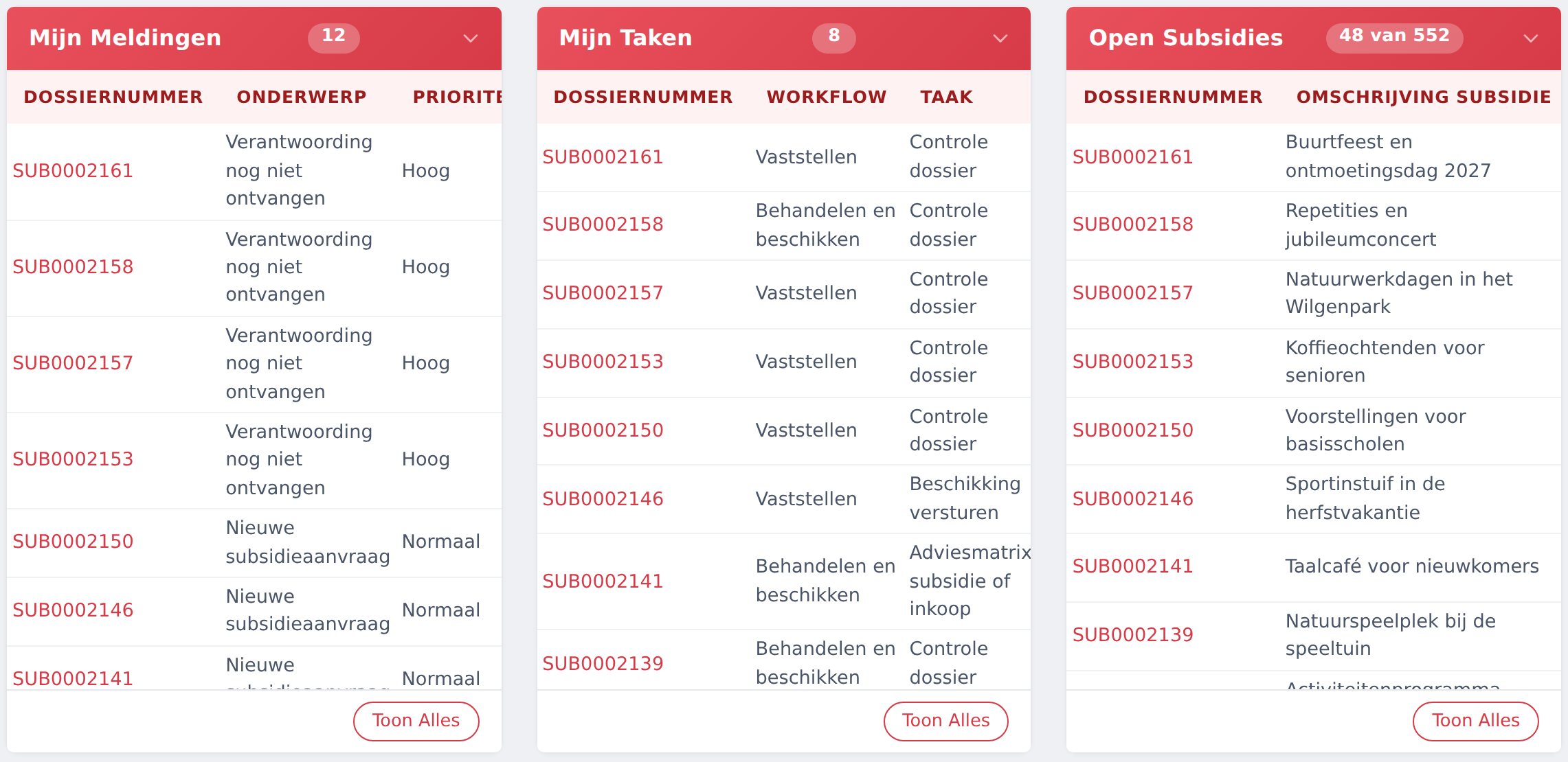 Het dashboard met de tegels Mijn meldingen, Mijn taken en Open subsidies.